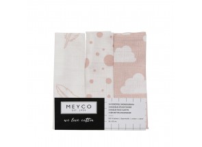 Meyco Hydrofiel Monddoekje veertjes-wolk-roze stip set 3 stuks 30 x 30 cm